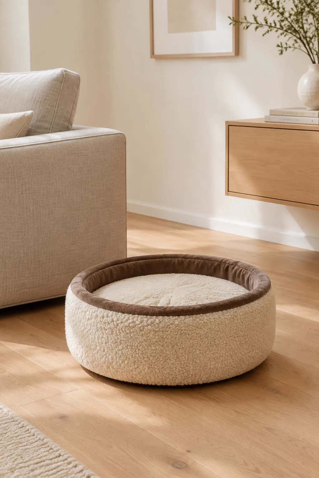 Le Cocon, panier rond en bouclette, dans un salon épuré